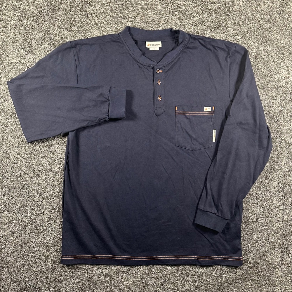 Rasco FR Henley Shirt Mens L Navy Blue Flame Resistant CAT 2 NFPA 2112 Work